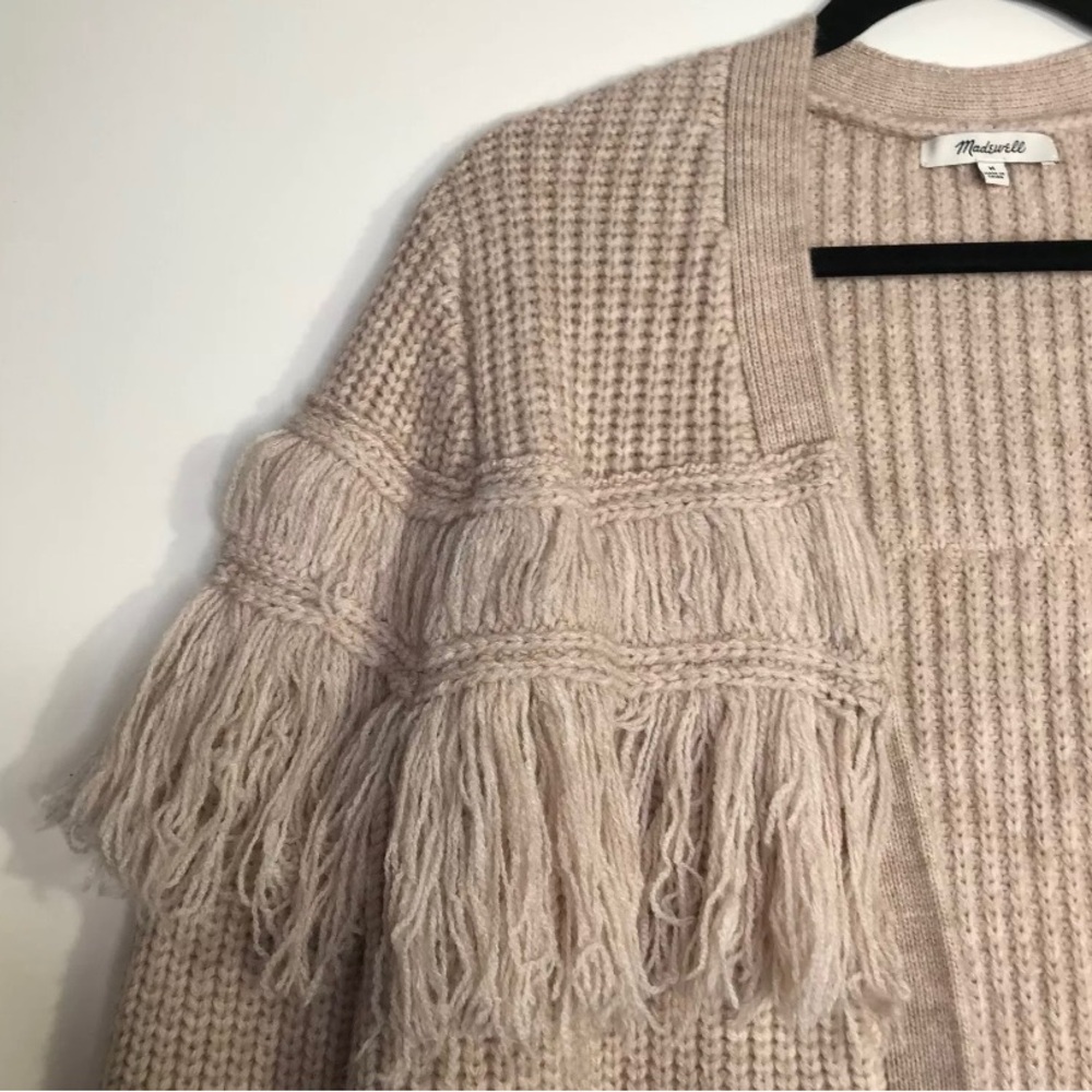Madewell Beige Chunky Cableknit Fringe Cardigan Sweater M Long Lined Oversized - Picture 3 of 8